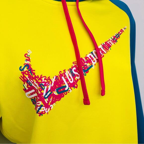 Nike Therma Fit Two Tone Yellow Turquoise Hoodie Pink Swoosh Logo - Picture 4 of 16